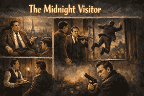 Class 10 English: Footprints Without Feet Chapter 3 – The Midnight Visitor 1 Ausable calmly faces Max in a hotel room as Max jumps out of the window, fooled by Ausable’s clever plan.