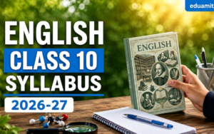 “English Class 10 Syllabus 2026–27 banner with a study desk, book, and stationery on a green blurred background.”