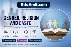 Chapter 3 Gender, Religion and Caste Notes PDF | Powerful Class 10 Civics Revision Guide 1 Class 10 Civics thumbnail about Gender, Religion and Caste with equality symbols, religion icons, unity graphics, and open book in modern blue education theme.