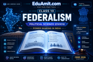 Chapter 2: Federalism — Complete Notes, Easy Language 1 Class 10 Federalism website, glowing civics book, India map, political science, modern education thumbnail, blue neon study theme, CBSE 2026