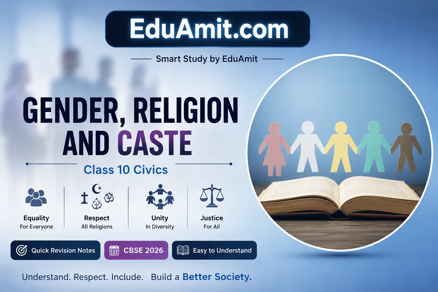 Chapter 3 Gender, Religion and Caste Notes PDF | Powerful Class 10 Civics Revision Guide 1 Class 10 Civics thumbnail about Gender, Religion and Caste with equality symbols, religion icons, unity graphics, and open book in modern blue education theme.